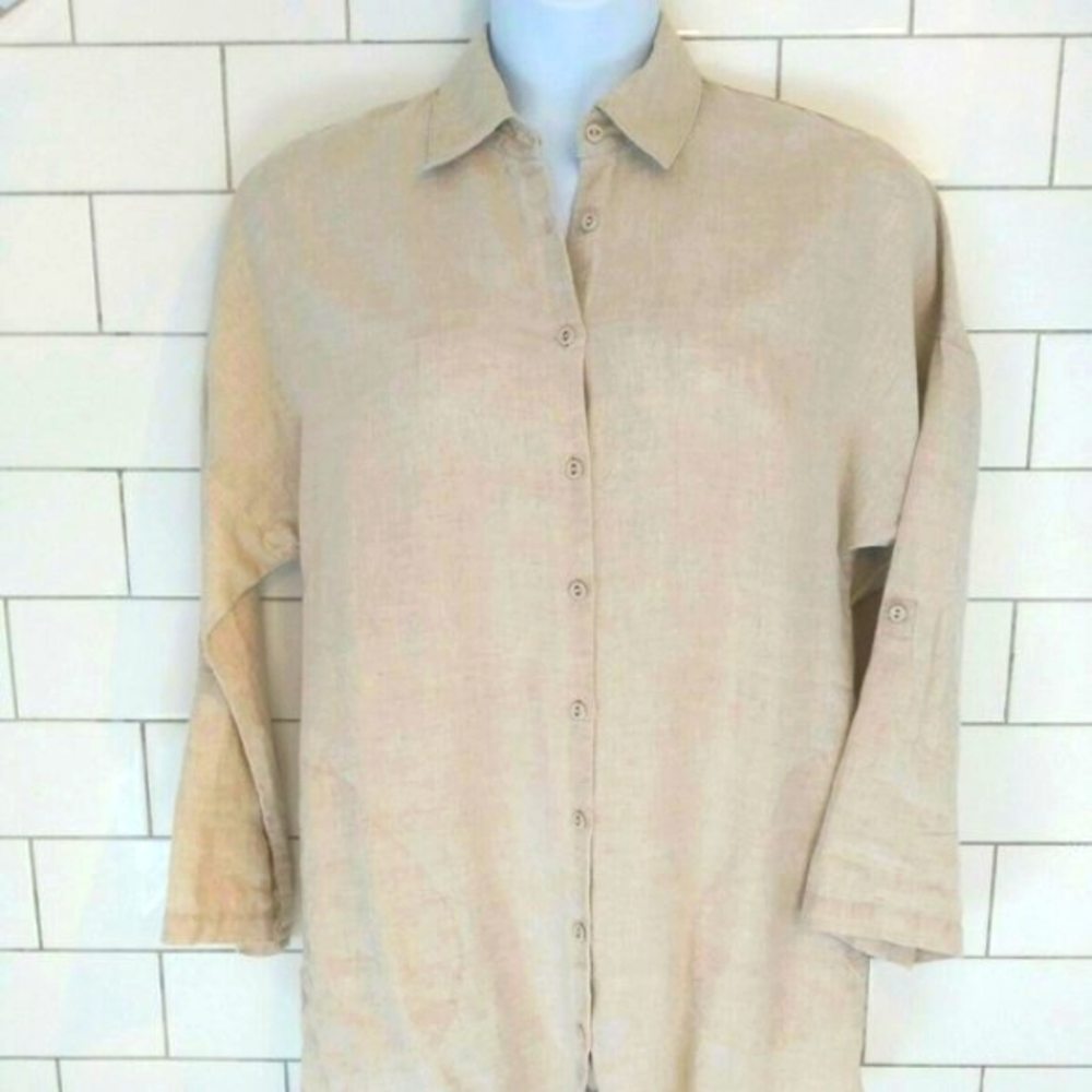 Chico's Size 2 Oatmeal Button Down Linen Tunic, Roll Tab Sleeves, Curved Pockets